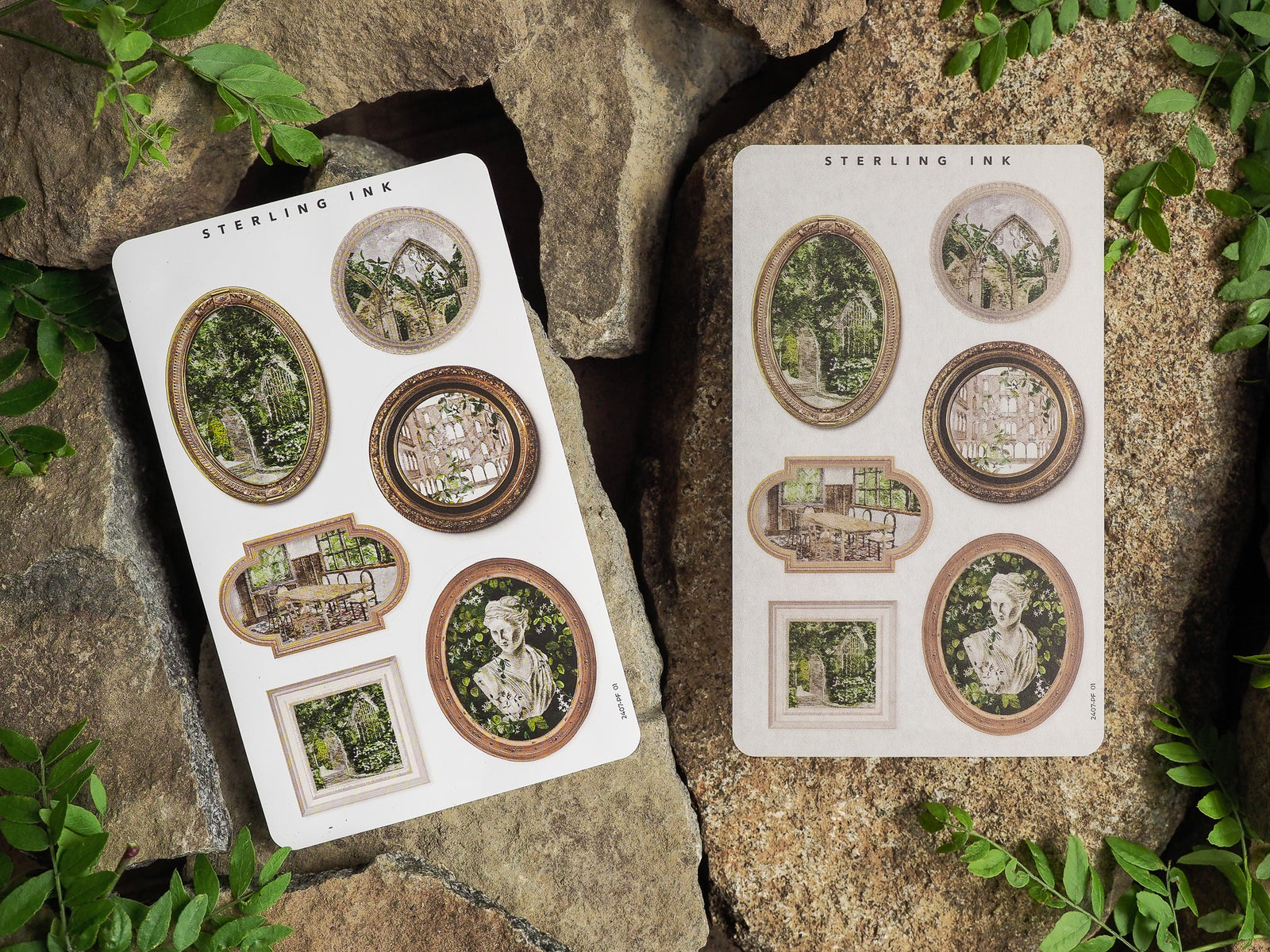 Vintage scrapbooking sticker set featuring various oval and rectangular picture frames filled with sepia-toned antique photos of landscapes and portraits.