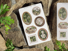 Decorative set of 'Picture Frame Stickers - July 2024,' featuring vintage botanical and architectural designs in multiple antique-style borders and frames.