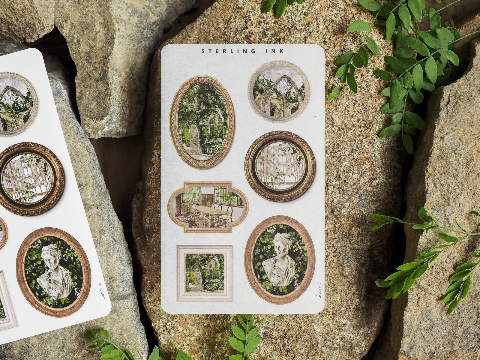 Vintage picture frame sticker sheets featuring diverse ornate borders that enclose detailed watercolor scenes of historical architecture and botanical elements.
