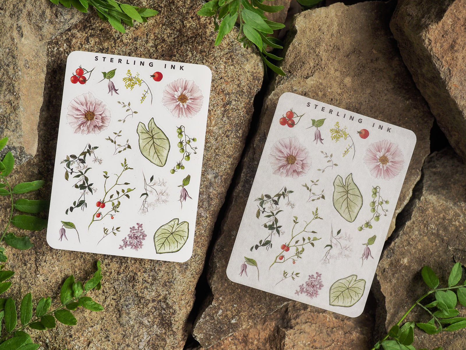 Botanical sticker sheets featuring delicate elements like flowers, leaves, and berries in soft pastel shades, designed for journal decoration.