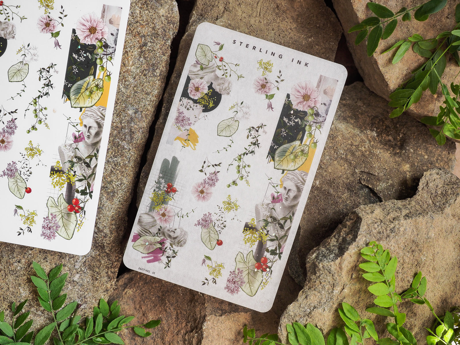 Botanical washi strip stickers featuring vintage watercolor illustrations of soft pink and green florals, leaves, and sketched portraits from July 2024.