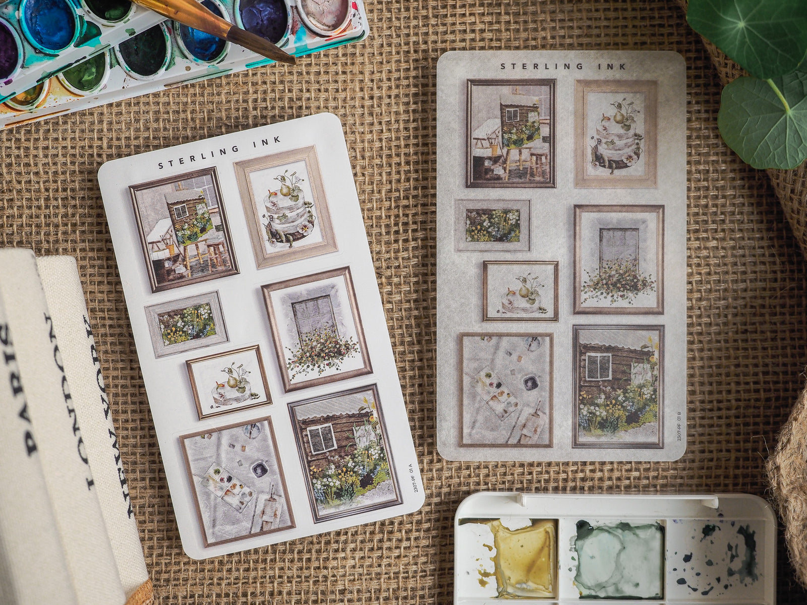 Decorative sheet of "Picture Frame Stickers - July 2023" featuring detailed, vintage-style illustrations of indoor scenes set within elegant decorative borders.
