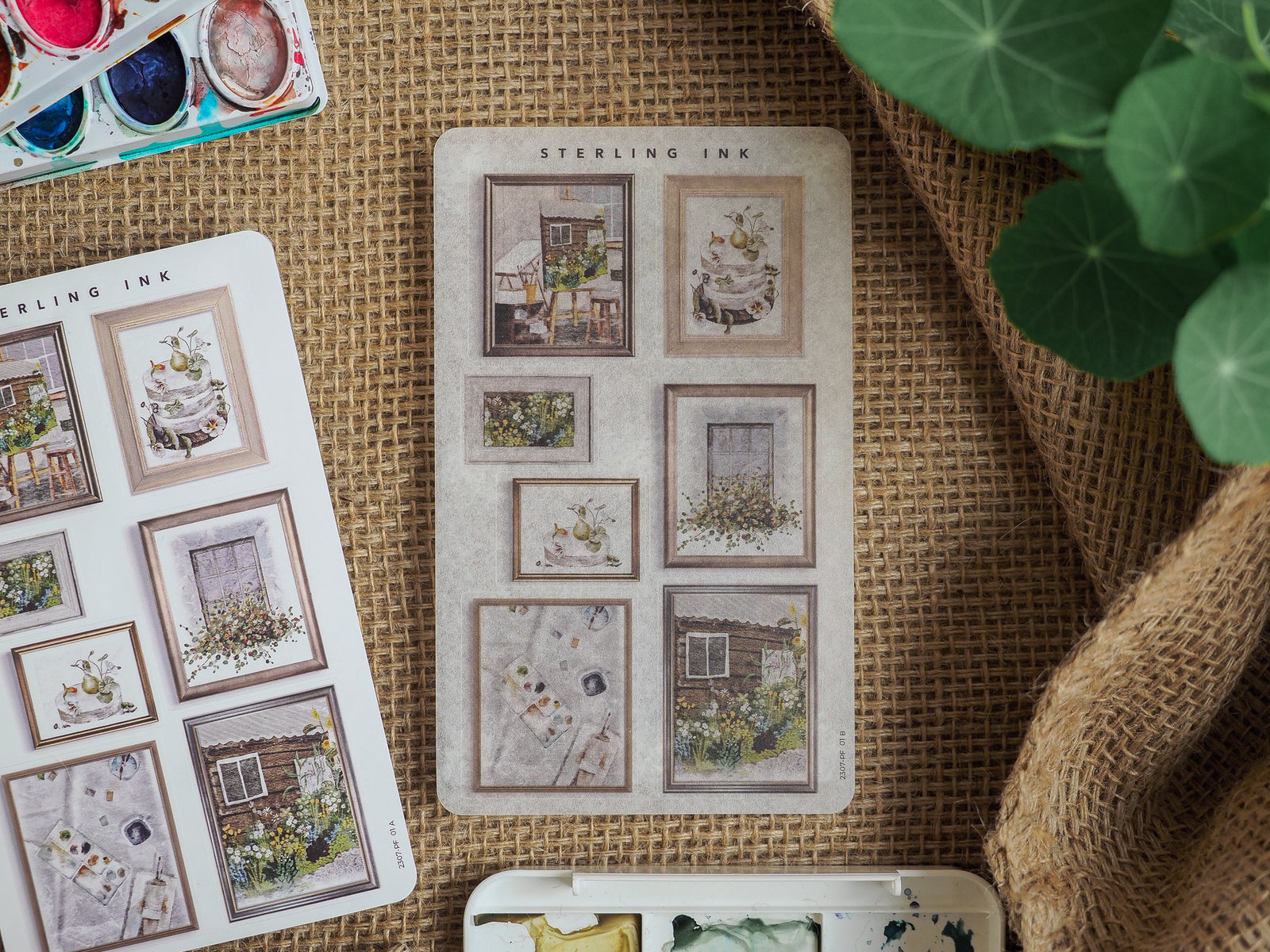 Vintage picture frame stickers featuring sepia-toned designs of rustic homes, floral arrangements, and quaint scenes perfect for scrapbooking or journaling.