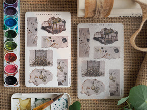 Rustic, collage-style stickers featuring torn cream paper, sepia-toned architectural sketches, and delicate botanical illustrations perfect for journaling and scrapbooking.