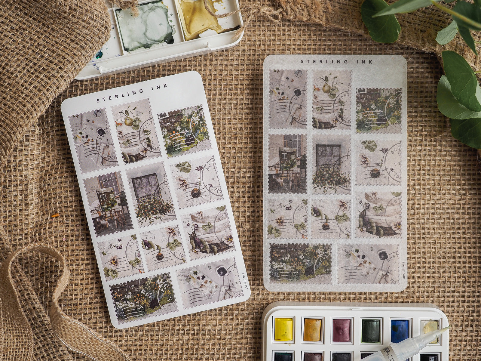 Vintage stamps stickers featuring a patterned collage of architectural and botanical illustrations with a muted, aged color palette.