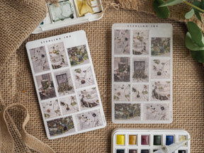 Vintage stamps stickers featuring a patterned collage of architectural and botanical illustrations with a muted, aged color palette.