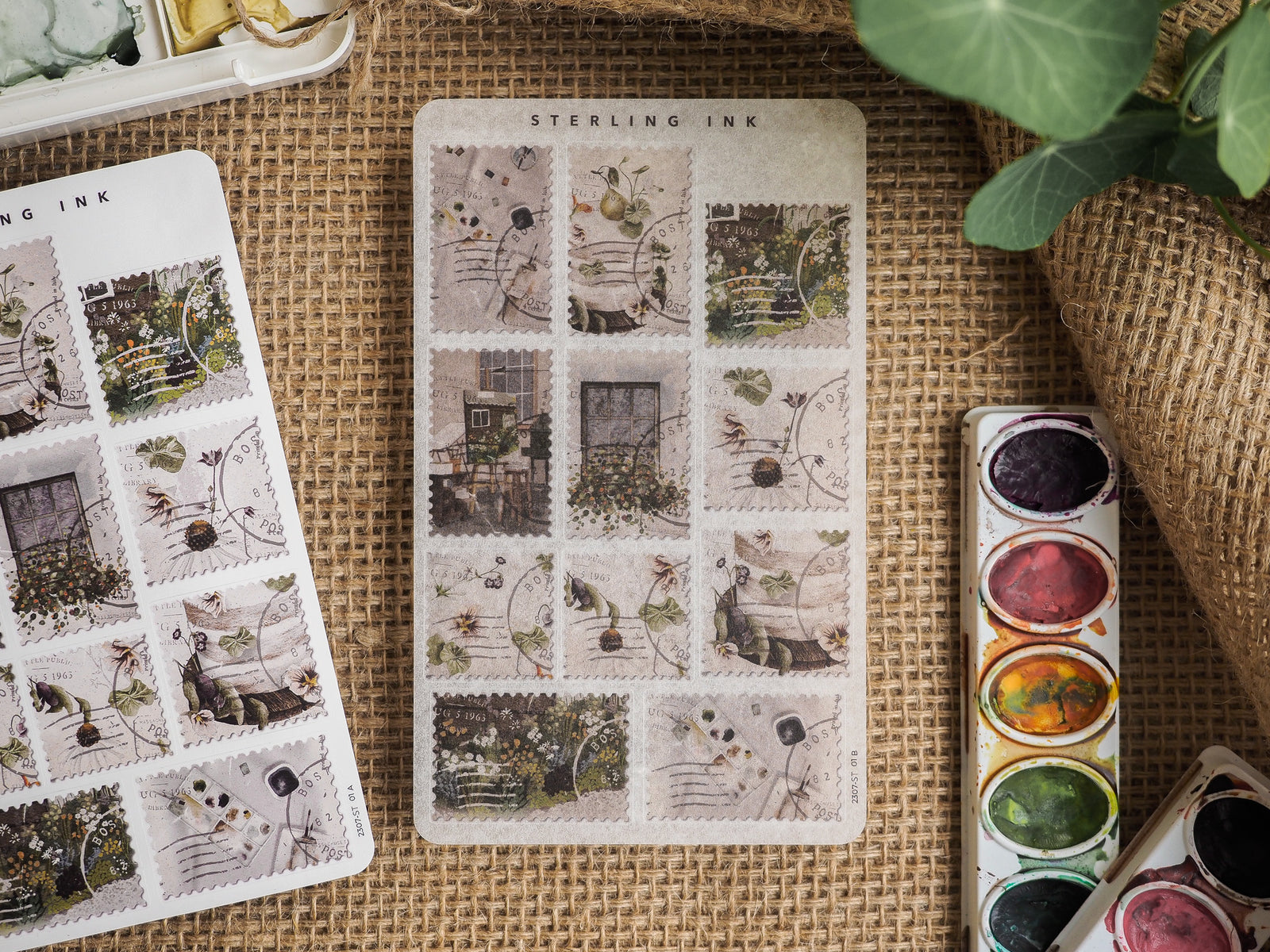 Vintage "Stamps Stickers - July 2023" featuring sepia-toned, gridded engravings of architectural scenes, botanical elements, and vintage imagery.