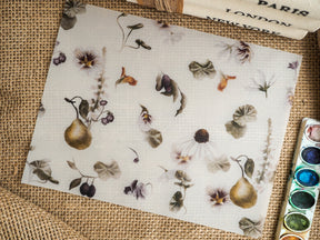 Elegant botanical pattern on light vellum featuring watercolor illustrations of pears, berries, daisies, and various delicate foliage.
