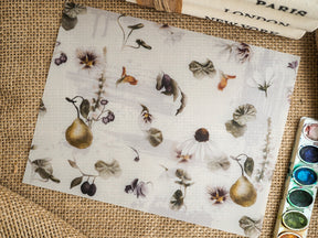 Elegant botanical stationery featuring watercolor depictions of pears, diverse florals, and foliage in soft, earthy tones.