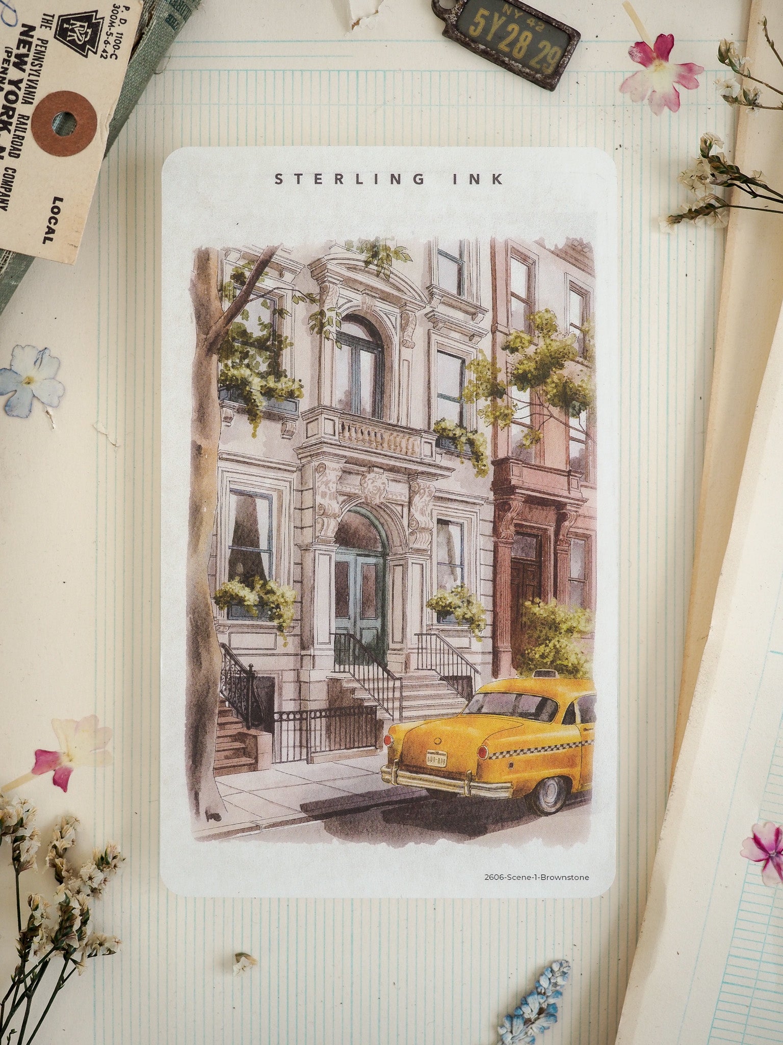 Detailed ink illustration of a historic brownstone facade with an ornate stoop, featuring a parked yellow vintage car on the sidewalk.