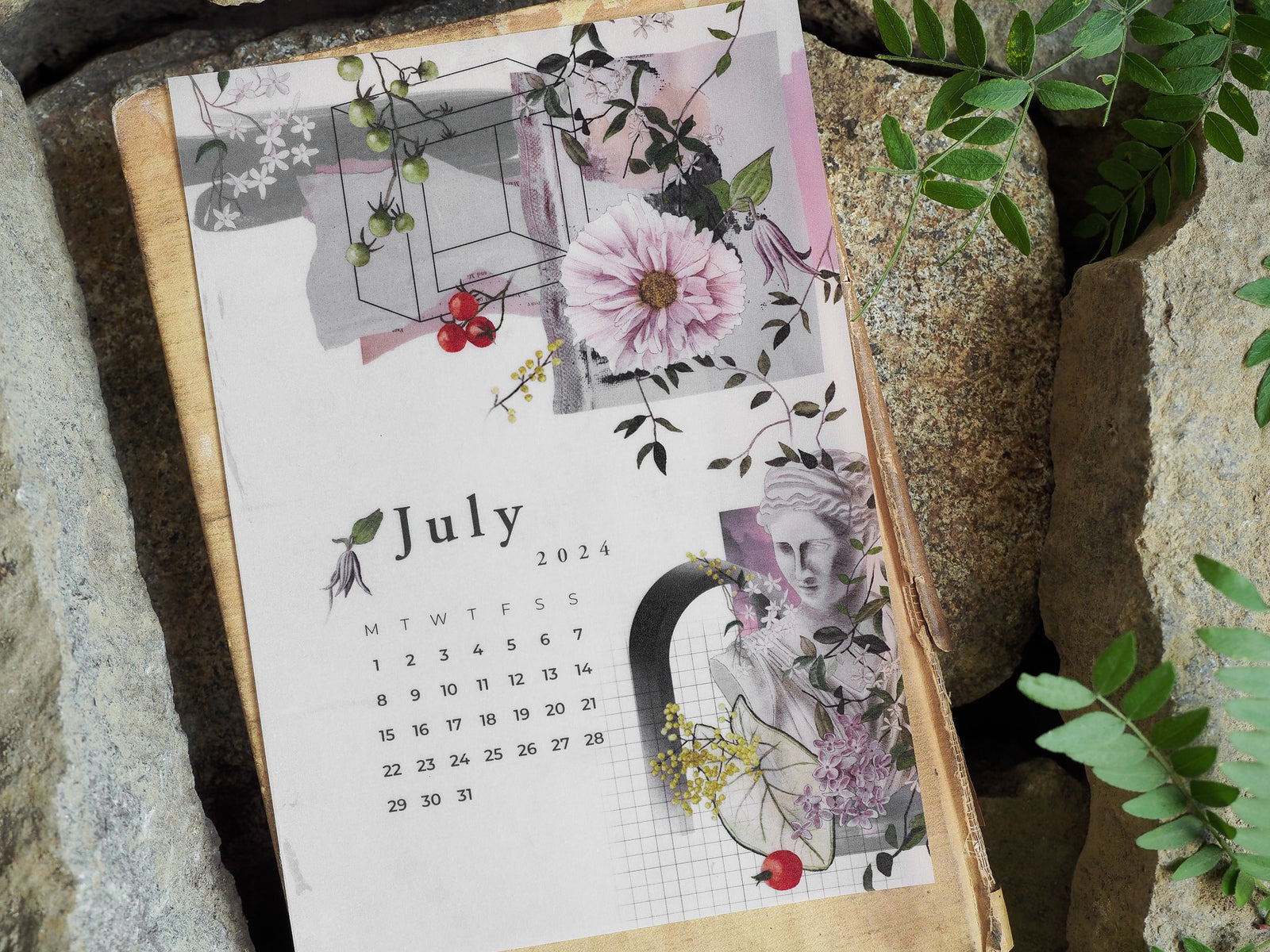 Elegant B6 calendar for July 2024 featuring a lush botanical design with watercolor peonies, trailing greenery, and soft pastel floral accents.