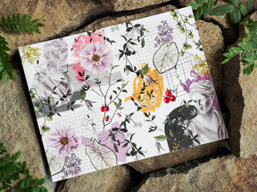 Botanical planner cover featuring soft pastel peonies, lush foliage, delicate red berries, and a classical portrait arranged on a vintage graph paper background.