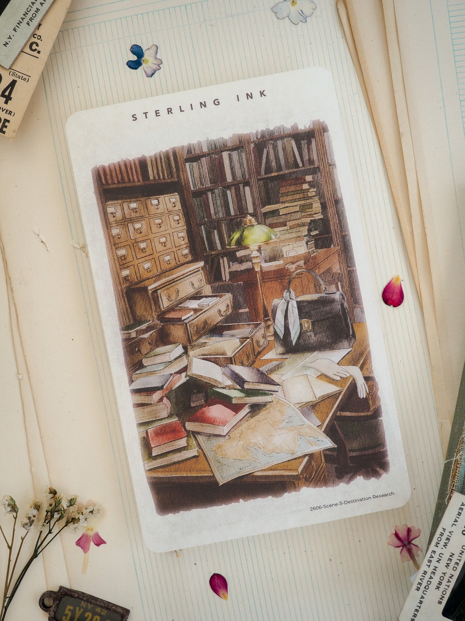 Vintage academic illustration of a cluttered study, featuring stacked books, a classic lamp, and deep wooden bookshelves under the title "Sterling Ink."