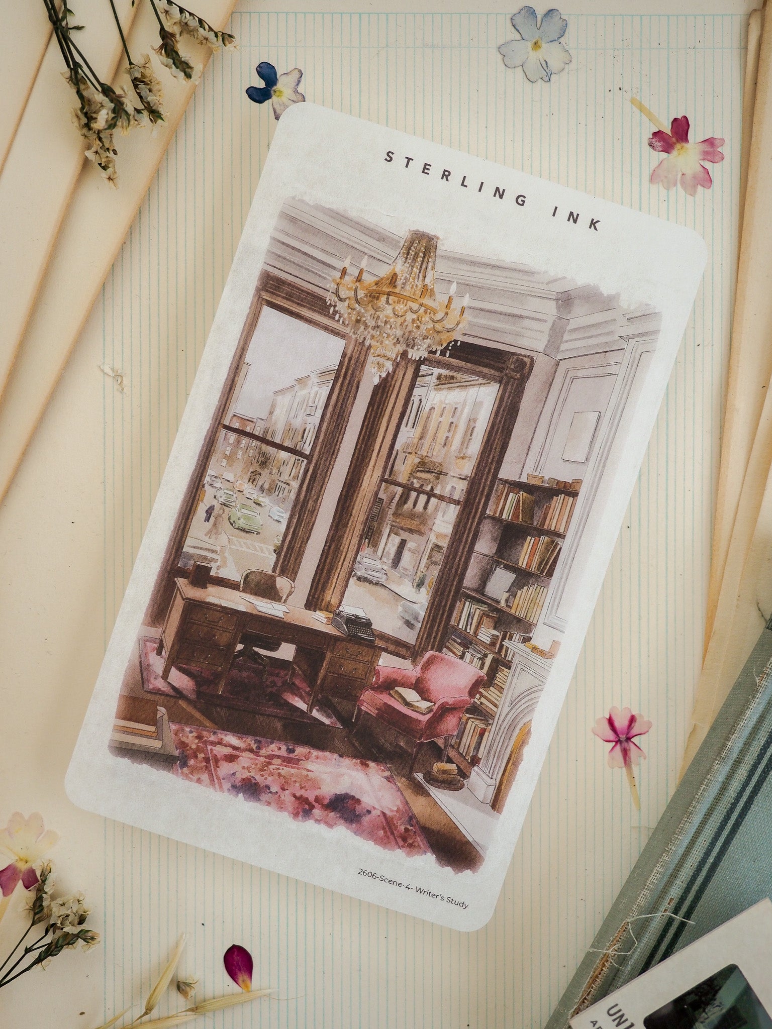 Vintage illustration of a moody, elegant writer's study featuring dark wood bookshelves, a central chandelier, and warm sepia tones.