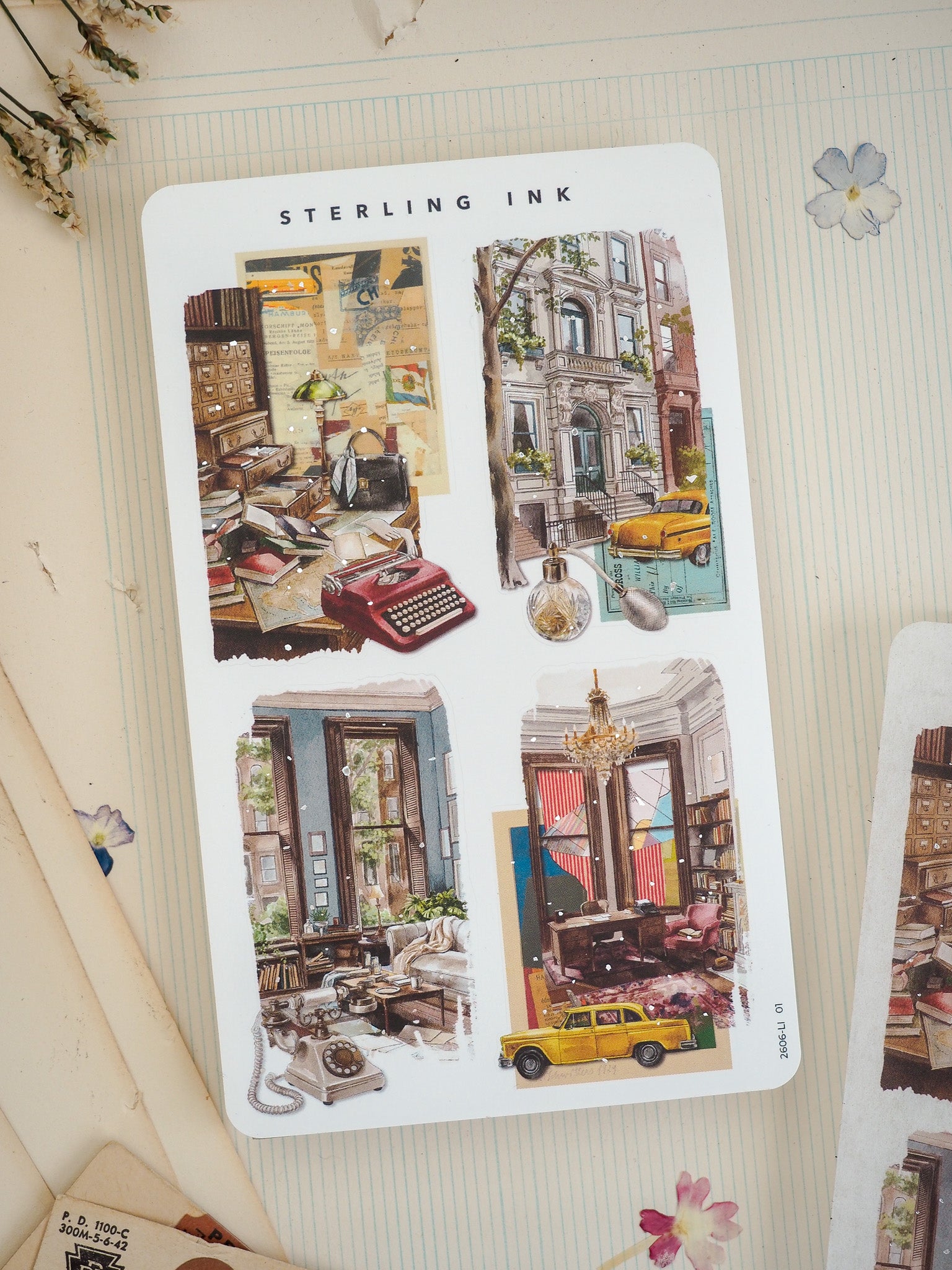 A vintage watercolor print featuring four nostalgic illustrations of historical city life, including street scenes, cluttered vintage objects, and ornate indoor interiors, under the "Sterling Ink" title.