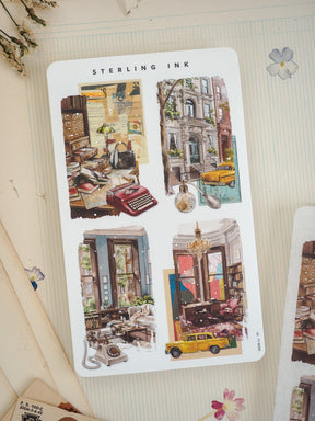 A vintage watercolor print featuring four nostalgic illustrations of historical city life, including street scenes, cluttered vintage objects, and ornate indoor interiors, under the "Sterling Ink" title.