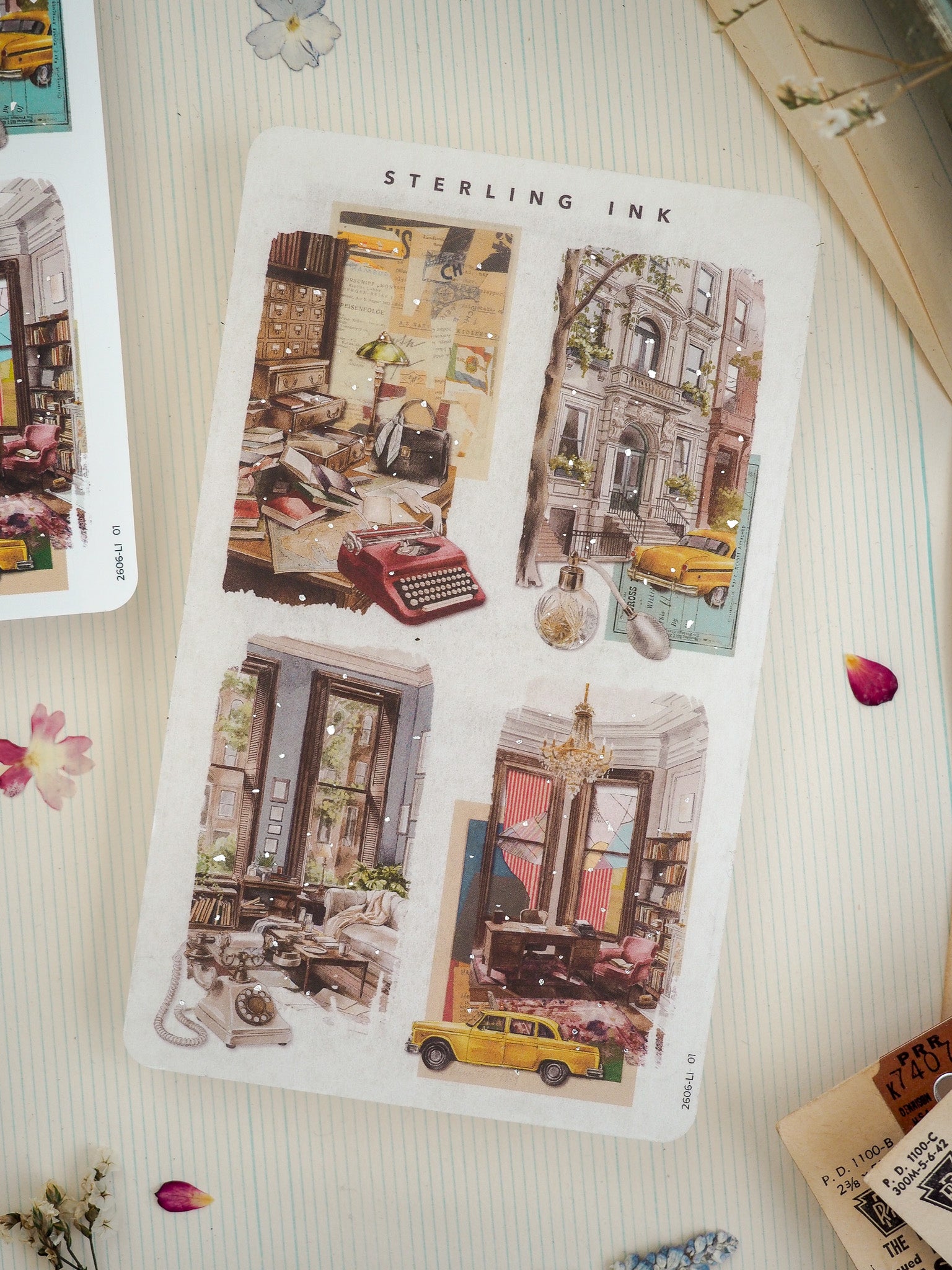 Nostalgic "Sterling Ink" art collage featuring vintage street scenes, classic yellow cars, an antique typewriter, and stacked architectural details in muted sepia tones.