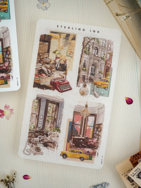 Nostalgic "Sterling Ink" art collage featuring vintage street scenes, classic yellow cars, an antique typewriter, and stacked architectural details in muted sepia tones.