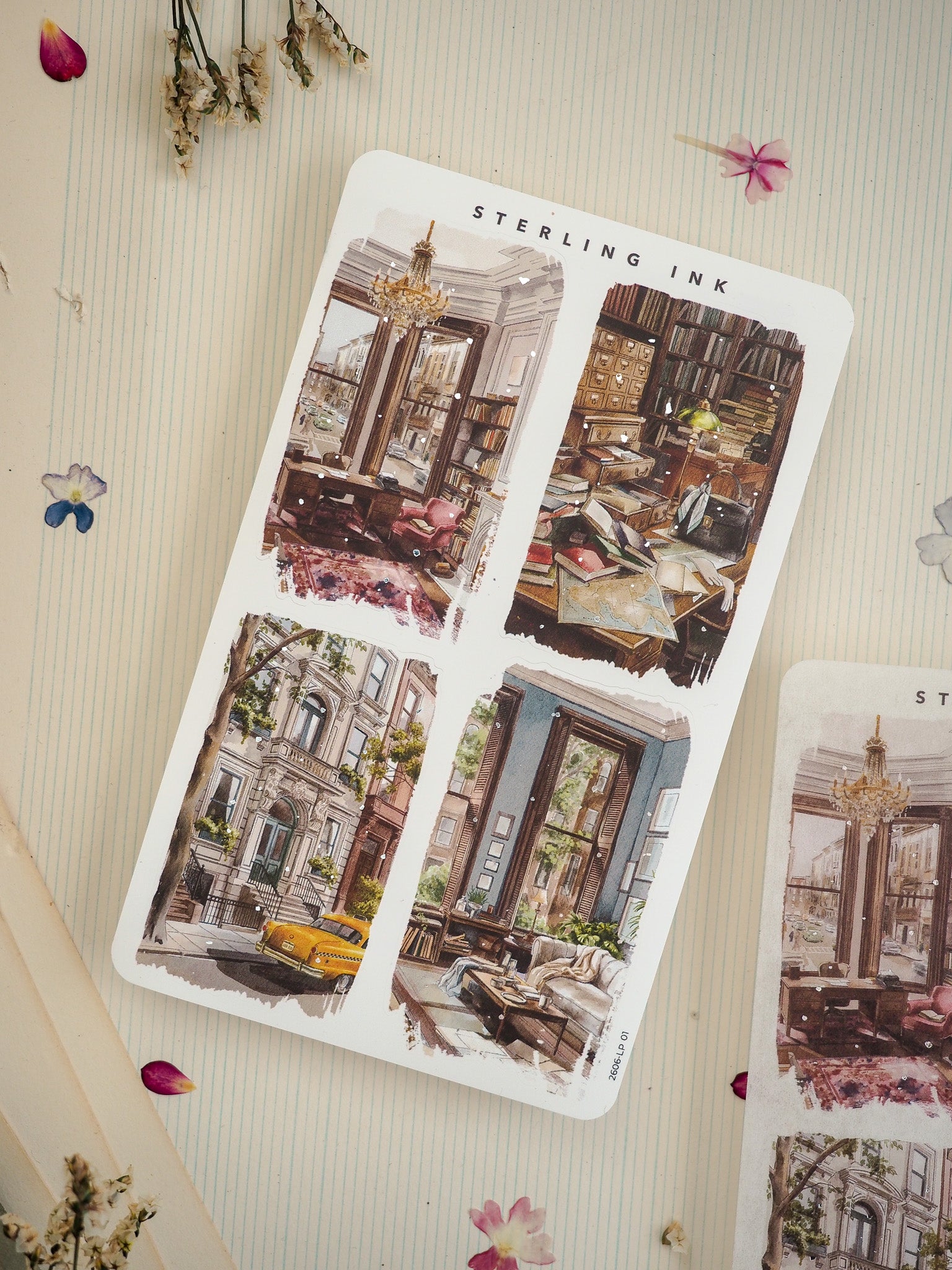 Sterling Ink set of romantic vintage collage stickers featuring opulent antique interiors and historic street scenes with a nostalgic aesthetic.