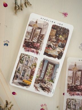 Sterling Ink set of romantic vintage collage stickers featuring opulent antique interiors and historic street scenes with a nostalgic aesthetic.