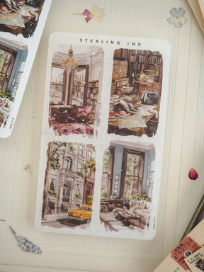 Four vintage "STERLING INK" sticker panels featuring illustrations of cozy, academic rooms, including a library scene, an antique desk setup, and a street view of nostalgic brownstones.