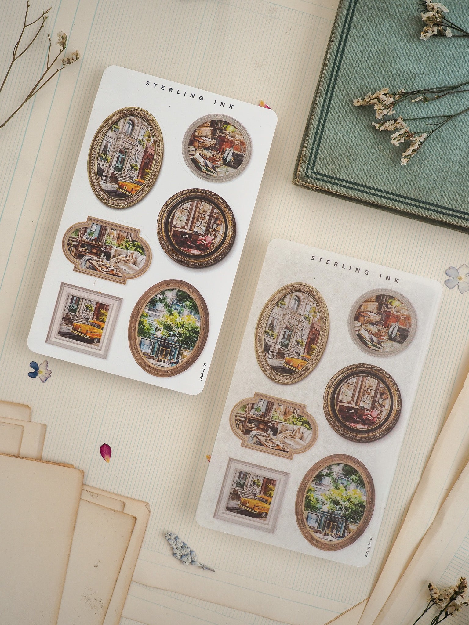 Sheet of vintage-style "Sterling Ink" stickers displaying a grid of richly detailed European cityscape vignettes, perfect for travel journaling or scrapbooking.