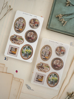 Sheet of vintage-style "Sterling Ink" stickers displaying a grid of richly detailed European cityscape vignettes, perfect for travel journaling or scrapbooking.