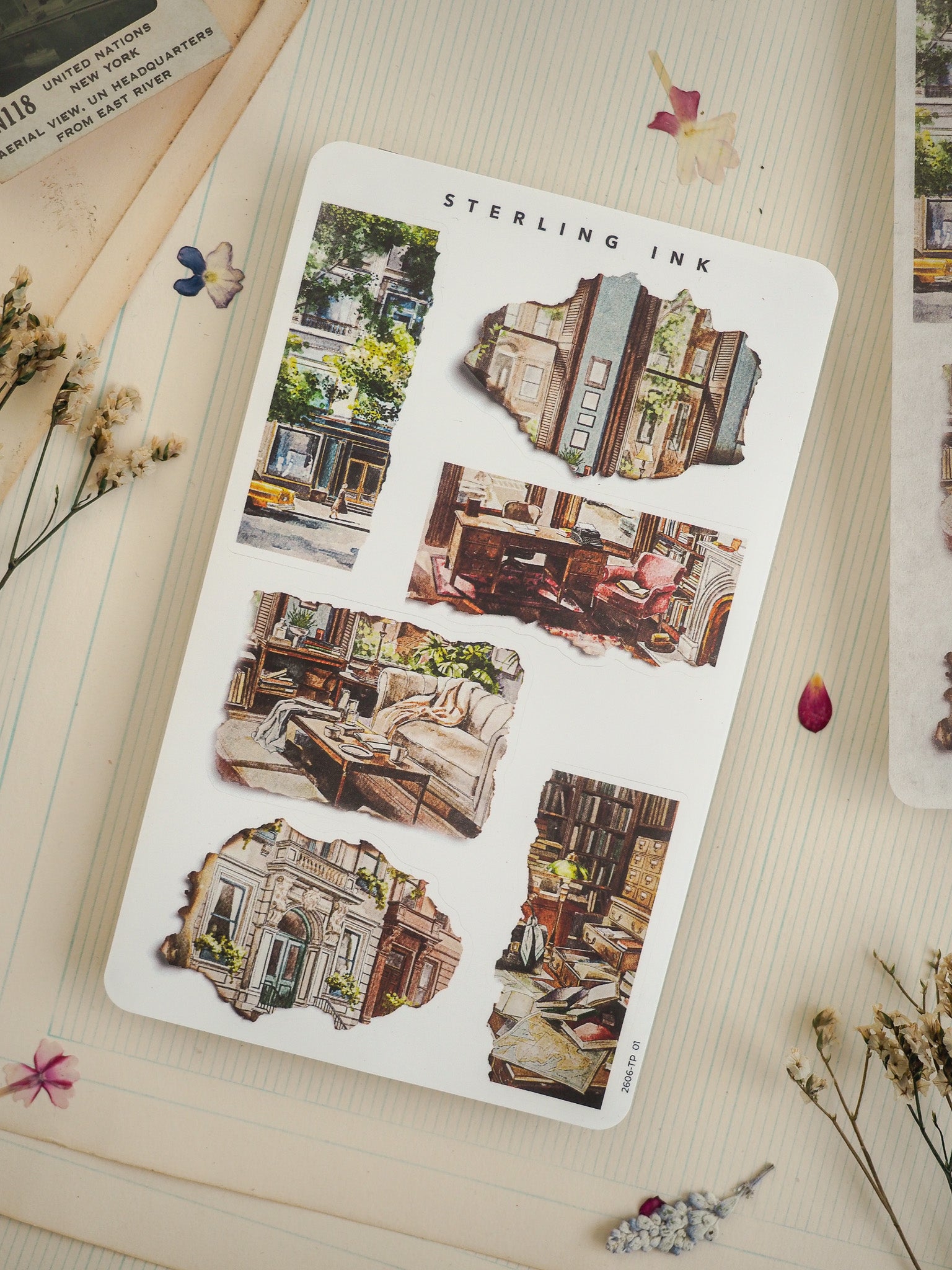 Sticker sheet featuring a collection of distressed, collage-style stickers of vintage architectural scenes and historic city streetscapes.