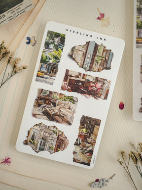 Sticker sheet featuring a collection of distressed, collage-style stickers of vintage architectural scenes and historic city streetscapes.