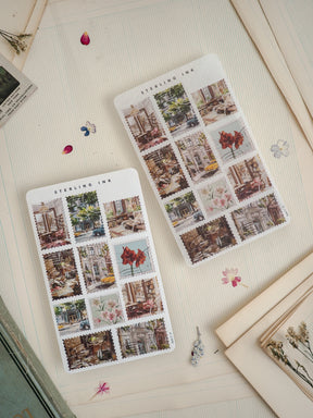 Sterling Ink sticker sheets featuring vintage and antique architectural vignettes of charming townscapes and historic city street scenes.