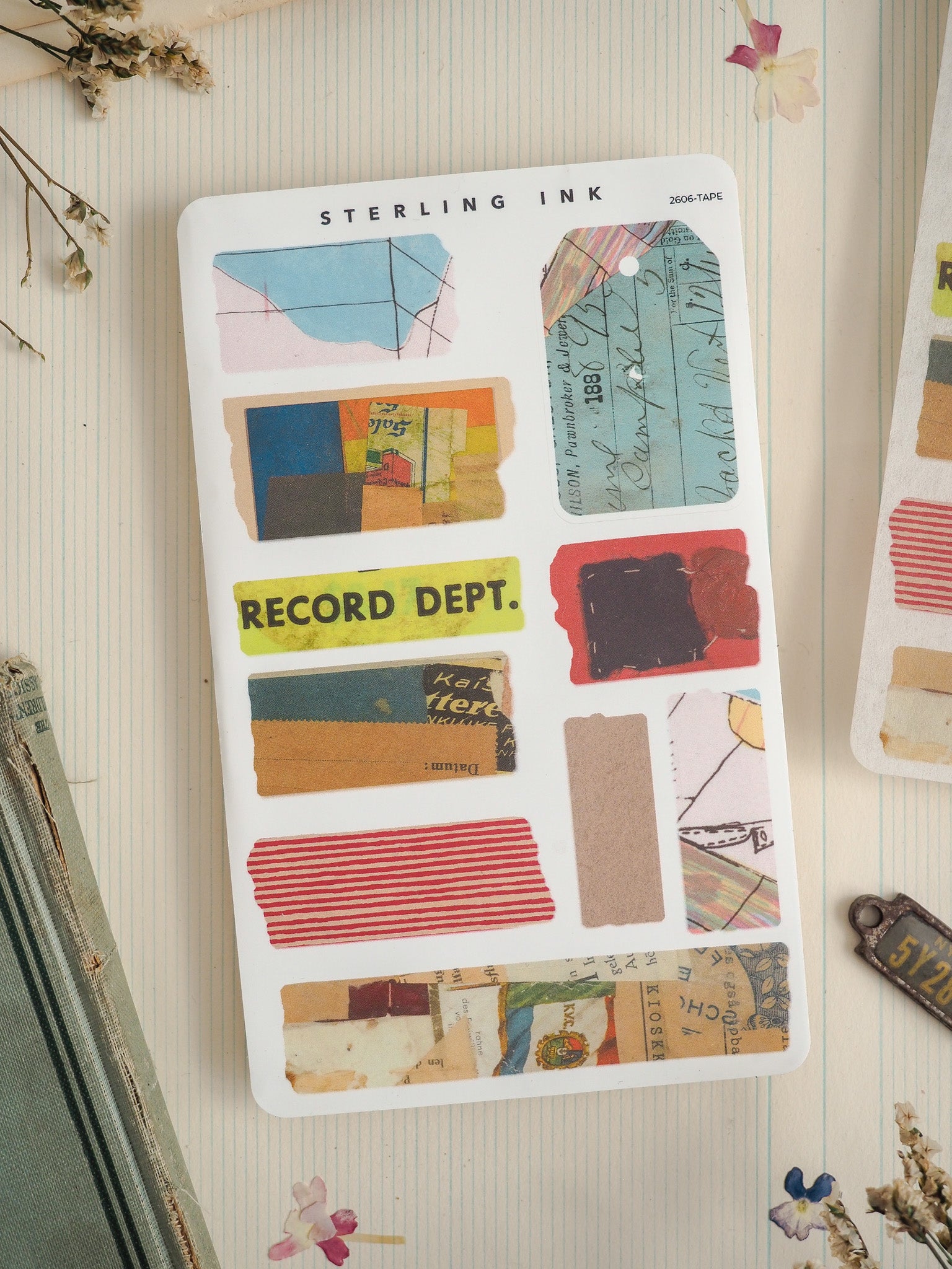 Vintage record department sticker label set, incorporating layered paper, stamped text, dates, and distressed archival ephemera for journaling.