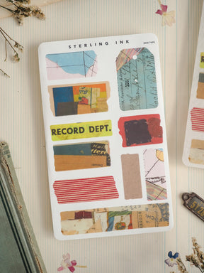 Vintage record department sticker label set, incorporating layered paper, stamped text, dates, and distressed archival ephemera for journaling.