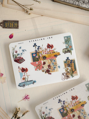 Sticker sheets featuring a vibrant, vintage botanical and road trip theme, decorated with colorful illustrations of blooming flowers and classic cars.