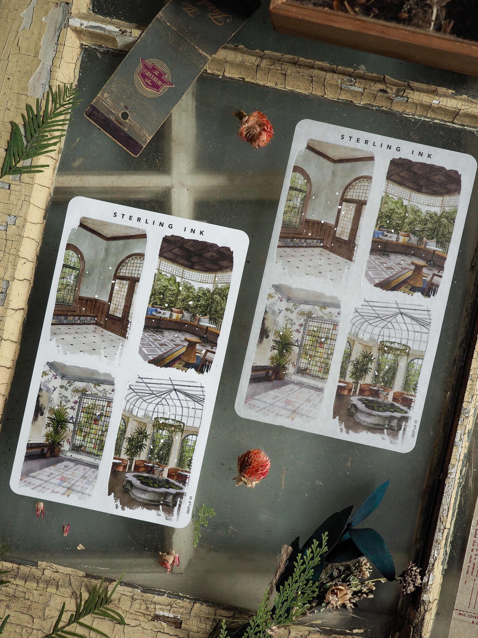 Large sheet of illustrated stickers featuring vintage architectural details of sunlit conservatories, arched windows, and detailed indoor patios.