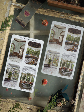Large sheet of illustrated stickers featuring vintage architectural details of sunlit conservatories, arched windows, and detailed indoor patios.