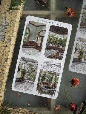 Large illustration stickers featuring vintage architectural prints of elegant indoor spaces, stained glass windows, and historical Parisian-style scenes for July 2025.