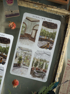 Large silver foil illustration stickers featuring vintage architectural scenes, perfect for journaling, showing ornate glass conservatories and romantic greenhouse designs.