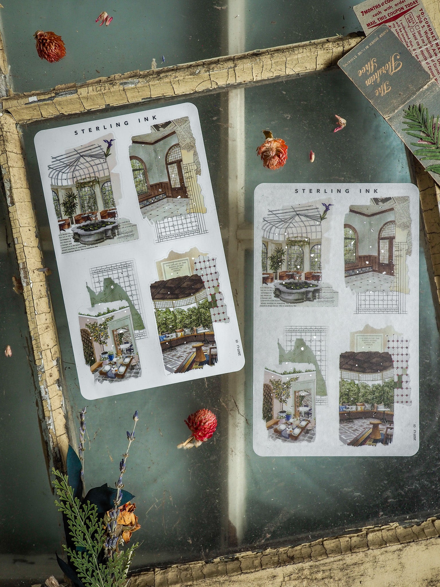 Vintage collage stickers featuring detailed, black-line architectural engravings and decorative illustrations of charming, historic interior rooms.
