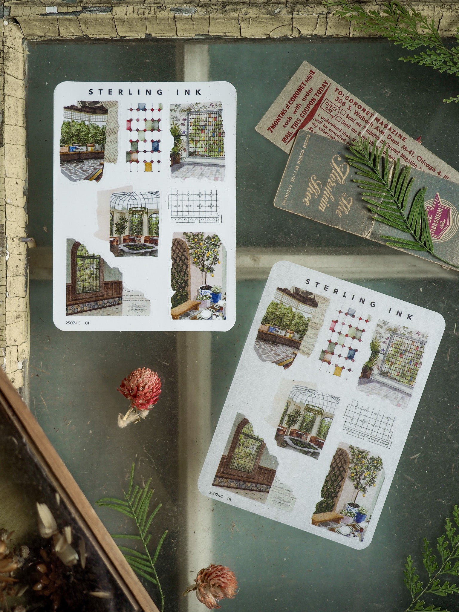 Set of "Mini Elements Icon Stickers," featuring white sheets filled with detailed vintage illustrations, mini windows, architectural borders, and decorative icons.