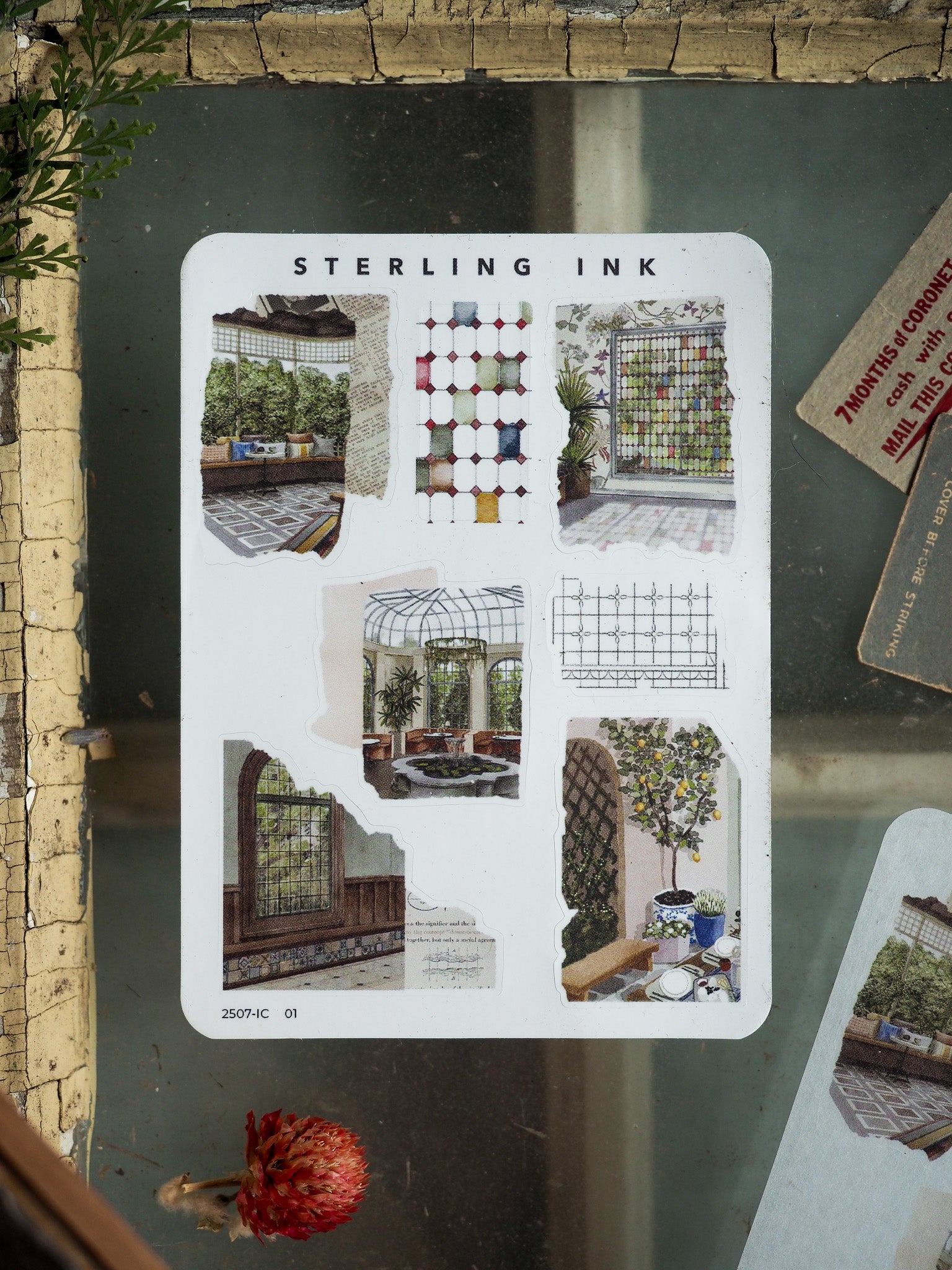 A charming sticker sheet featuring mini decorative icons of architectural elements, including vintage greenhouses, tiled patterns, and detailed seasonal window vignettes.