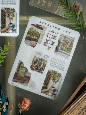 Detailed sticker sheet featuring miniature icons of rustic greenhouses, charming garden elements, and architectural vignettes in muted, earthy tones.