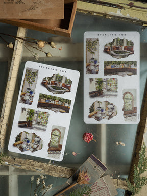 Decorative sticker sheets featuring vintage, hand-drawn vignettes of sunlit windows, potted houseplants, and cozy, rustic interior scenes.