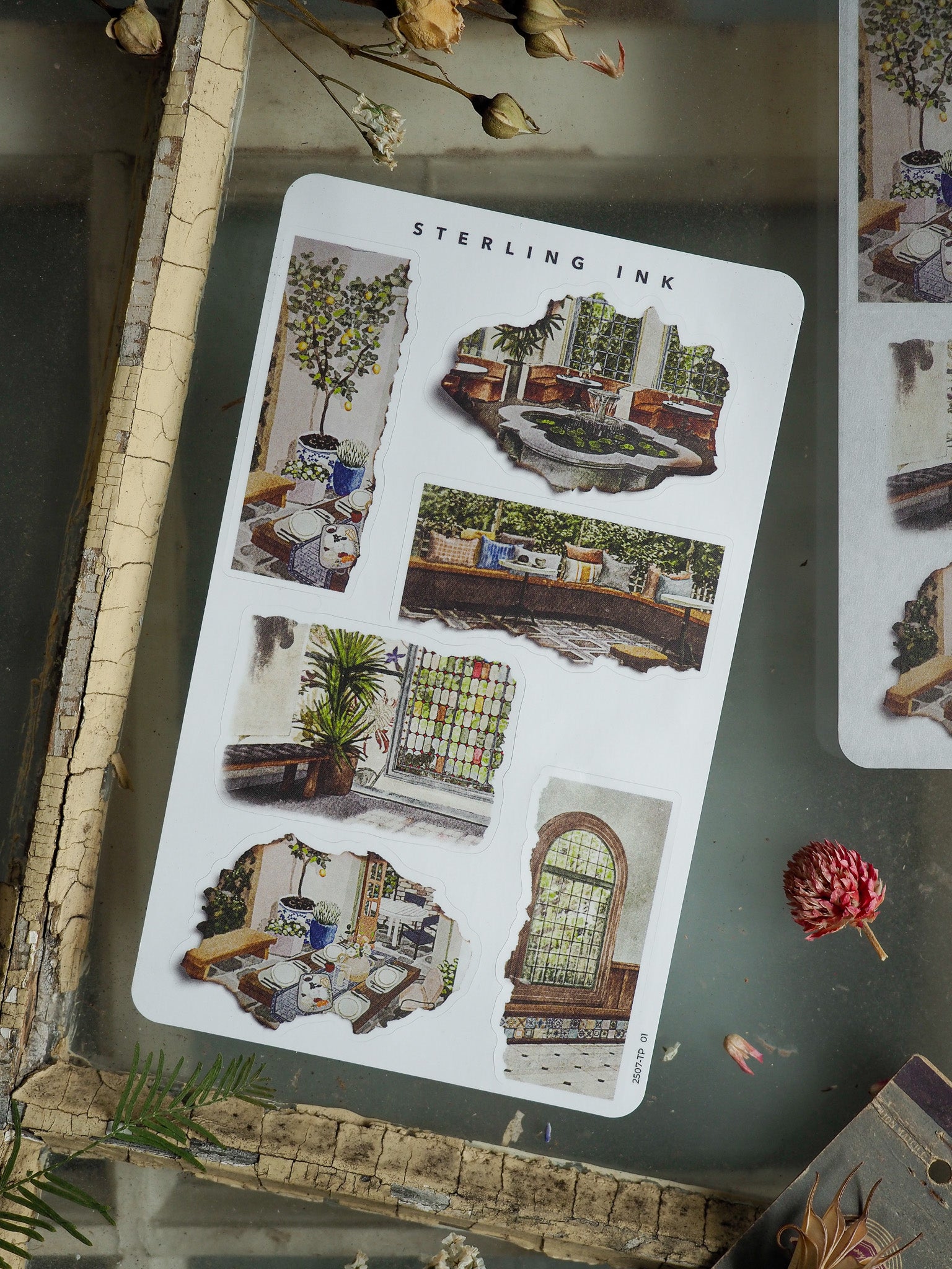 Sticker sheet of charming, rustic cottagecore scenes featuring detailed illustrations of sunlit rooms, window vignettes, and vintage home decor.