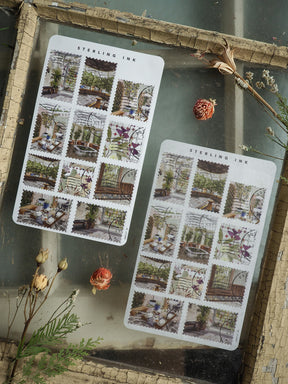 Vignette stamp stickers featuring lush indoor garden scenes, potted plants, and elegant conservatory vignettes on two sheets of white paper.