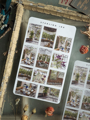 Sterling Ink sticker sheets featuring a cohesive pattern of vintage greenhouse architecture, intricate ironwork, and lush indoor tropical plants.