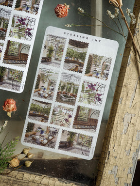 Vintage botanical sticker sheet featuring a grid pattern of detailed conservatory scenes, lush greenery, and delicate purple floral stamps.