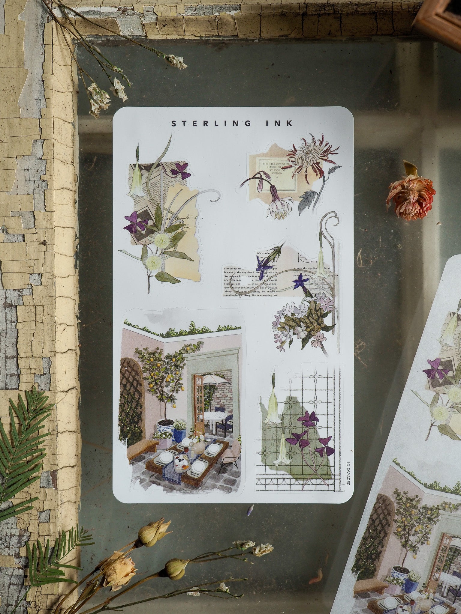 Watercolor sticker sheet featuring botanical arrangements, peonies, and lush floral illustrations for seasonal journaling and crafting projects.