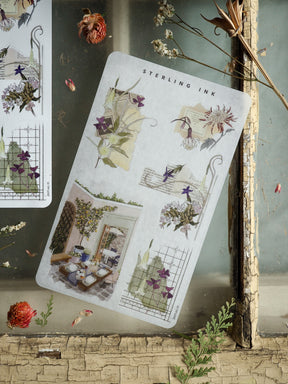 A collection of vintage-themed, watercolor floral arrangement stickers featuring delicate botanical illustrations, decorative borders, and themed journaling elements for planners.