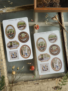 Set of vintage picture frame stickers featuring various arched and rectangular decals with sepia-toned interior and architectural views for journaling.