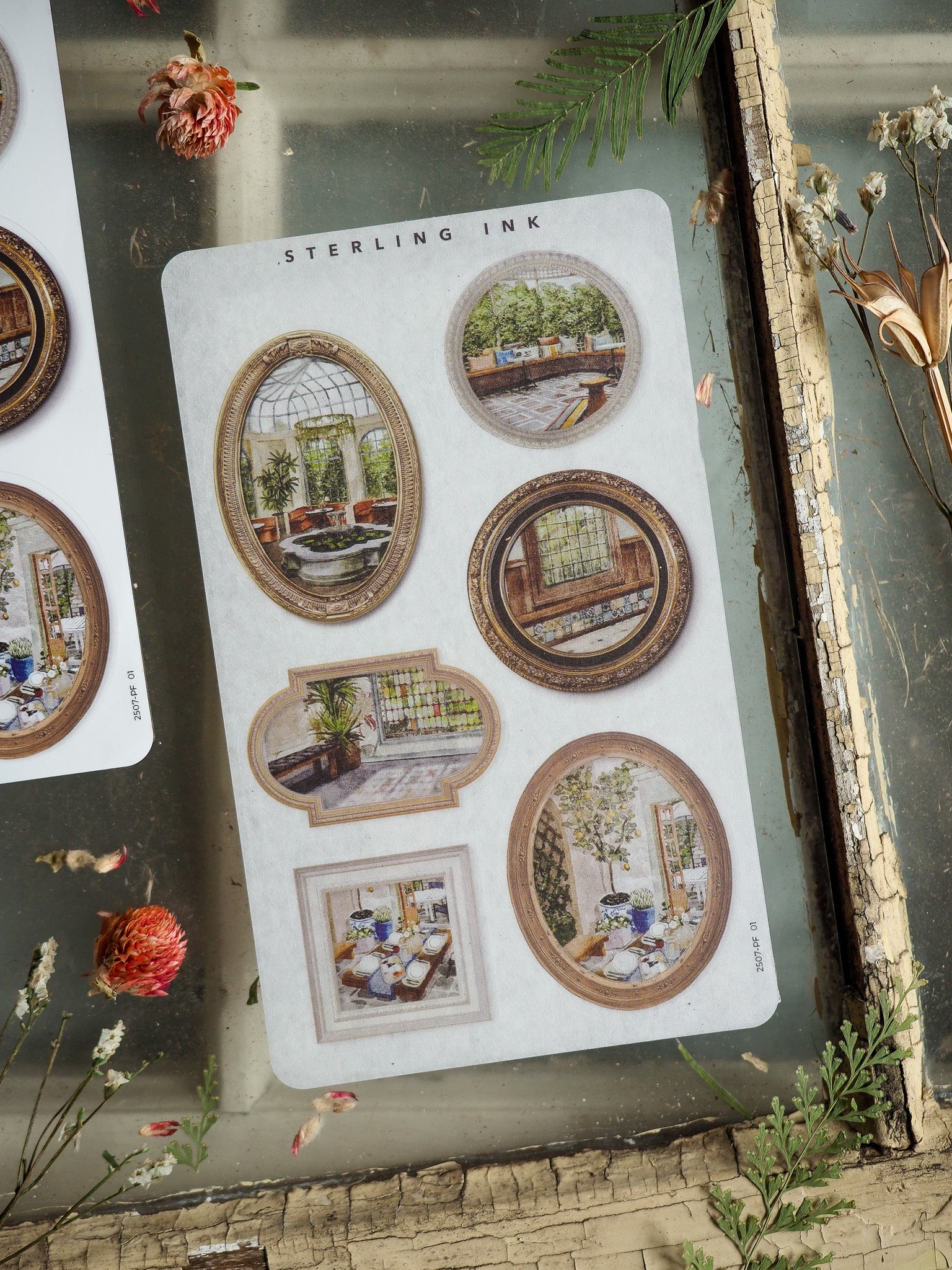 Vintage picture frame sticker set featuring diverse, detailed illustrations of nostalgic rooms, elegant windows, and atmospheric indoor scenes.